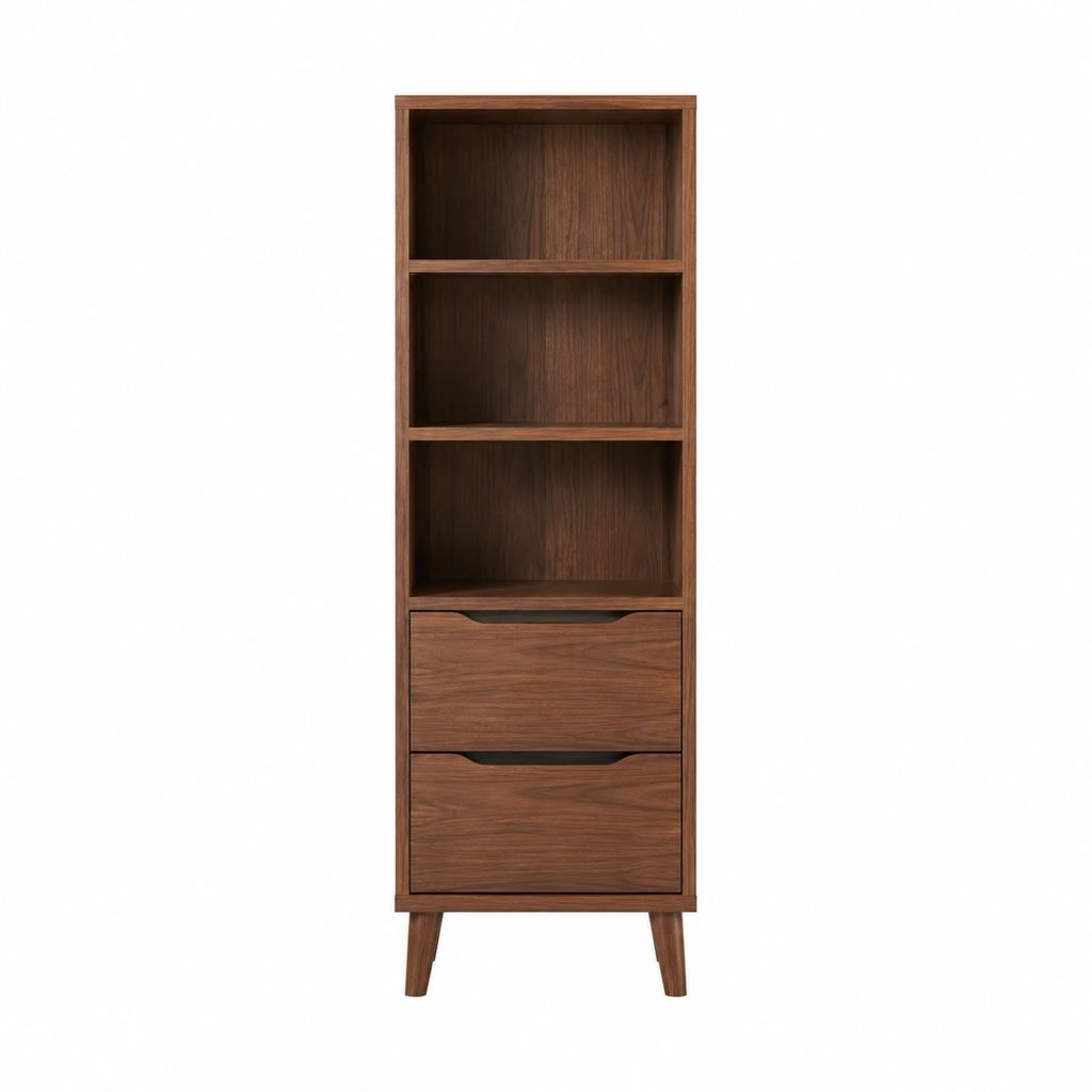Buffet haut avec étagères et 2 tiroirs brun noyer en panneaux MDF plaqués noyer 60 x 35 x 180 cm