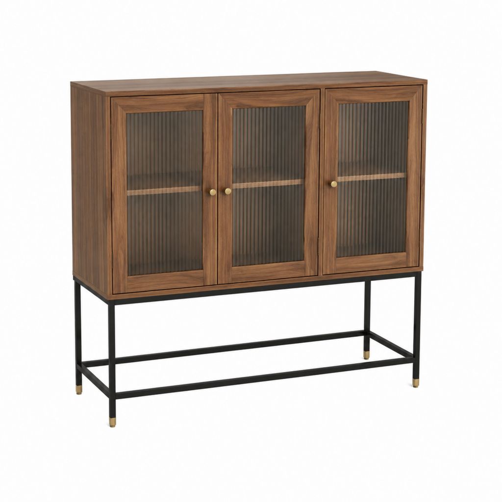 Buffet vitrine 3 portes noyer et verre strié 120 x 40 x 120 cm