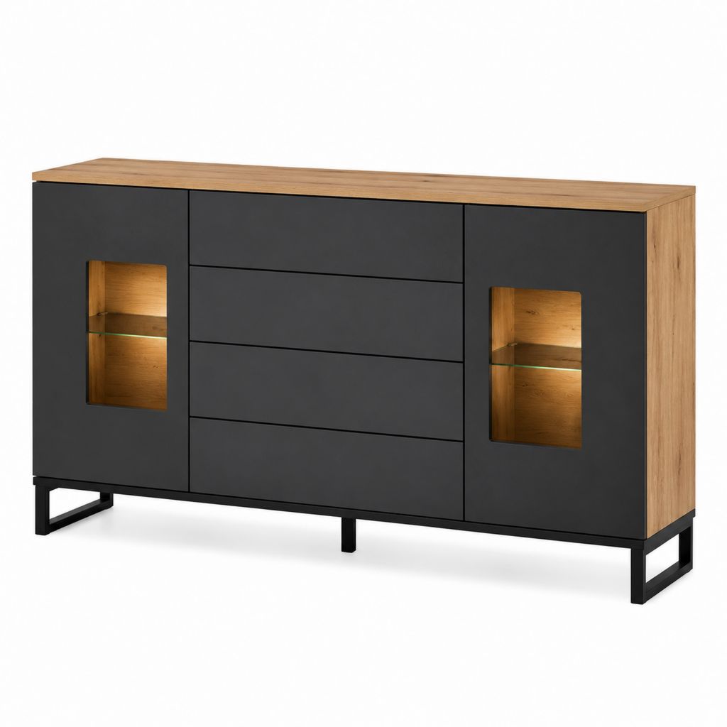 Buffet 2 portes 4 tiroirs noir et chêne en panneaux MDF verre et acier rectangulaire 160 x 40 x 90 cm