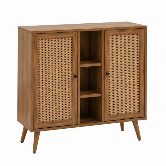 Buffet de salle à manger marron en panneaux MDF plaqués noyer avec portes en rotin 100 x 40 x 120 cm