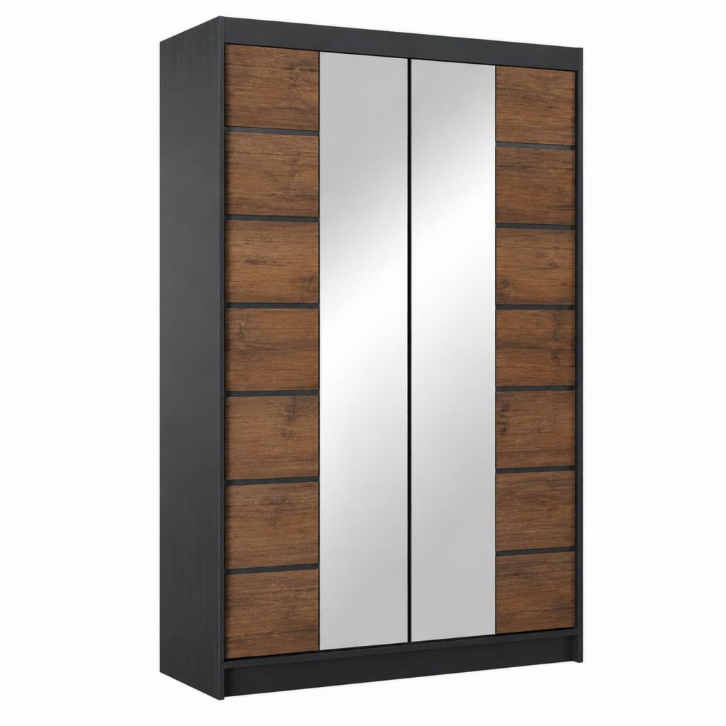 Armoire 4 portes battantes noir et décor noyer avec miroirs en verre 180 x 200 x 60 cm