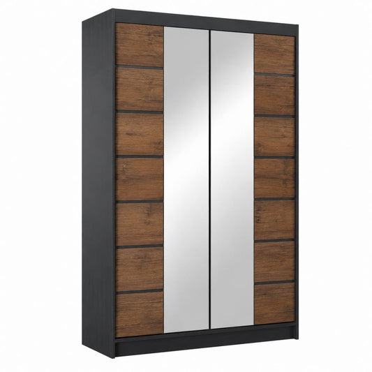 Armoire 4 portes battantes noir et décor noyer avec miroirs en verre 180 x 200 x 60 cm