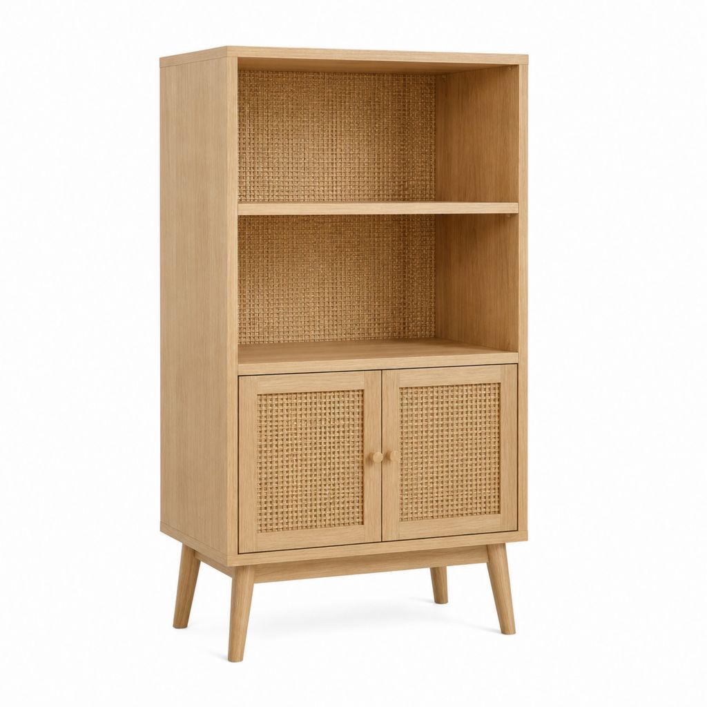 Buffet haut de rangement chêne clair et rotin rectangulaire 80 x 40 x 160 cm