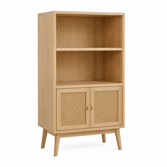 Buffet haut de rangement chêne clair et rotin rectangulaire 80 x 40 x 160 cm