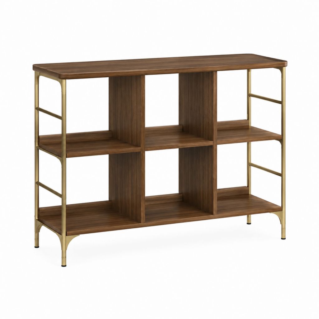 Buffet ouvert 6 niches noyer foncé MDF acier doré rectangulaire 120 x 40 x 100 cm