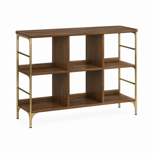 Buffet ouvert 6 niches noyer foncé MDF acier doré rectangulaire 120 x 40 x 100 cm