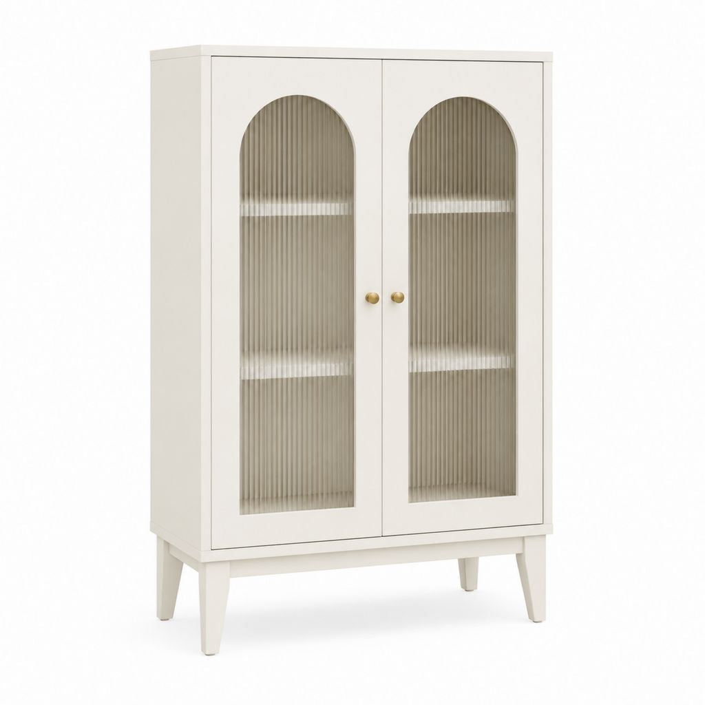 Buffet vitrine 2 portes blanc cassé en MDF et verre strié 80 x 40 x 140 cm