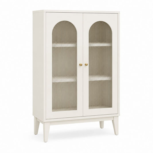 Buffet vitrine 2 portes blanc cassé en MDF et verre strié 80 x 40 x 140 cm