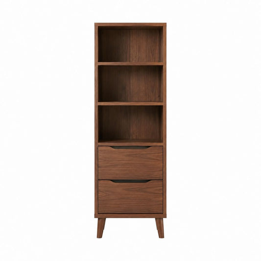 Buffet haut avec étagères et 2 tiroirs brun noyer en panneaux MDF plaqués noyer 60 x 35 x 180 cm
