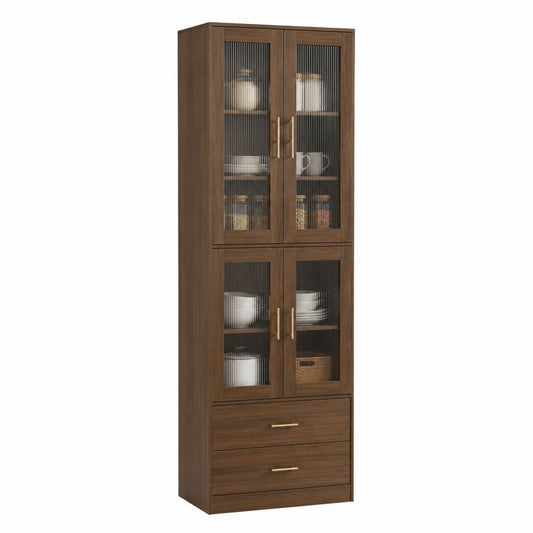 Vaisselier haut 4 portes vitrées et 2 tiroirs brun noyer en panneaux de particules 80 x 40 x 190 cm