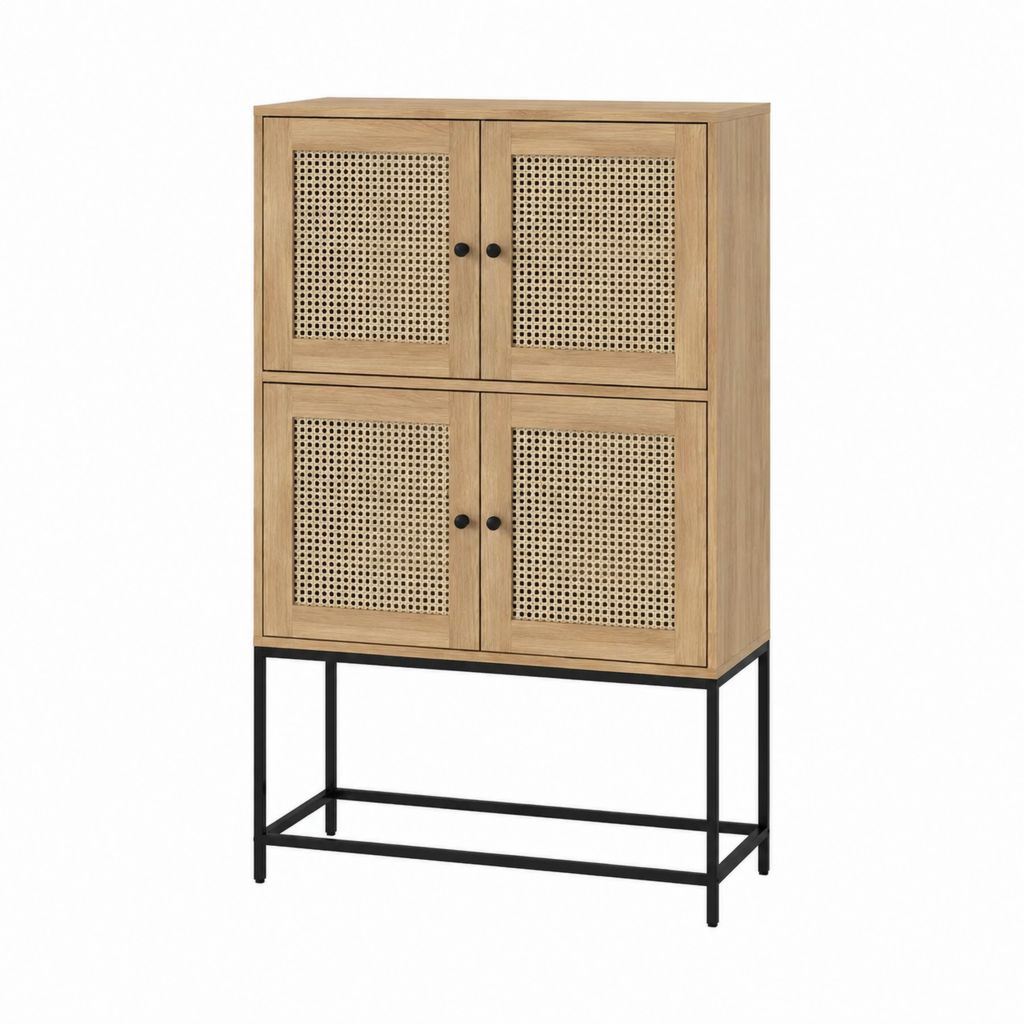 Buffet haut 4 portes en MDF placage chêne et cannage naturel 80 x 40 x 140 cm
