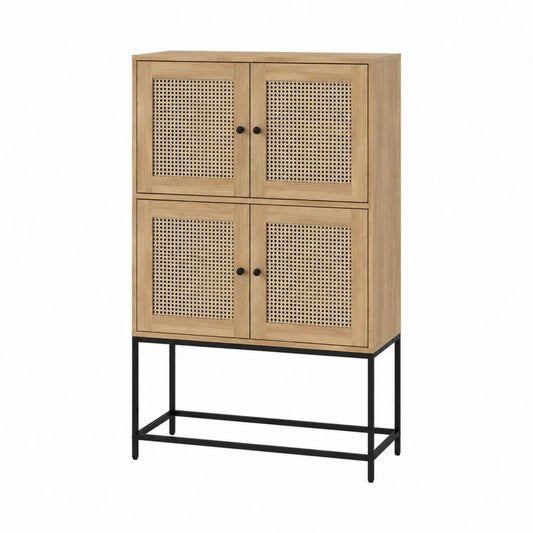 Buffet haut 4 portes en MDF placage chêne et cannage naturel 80 x 40 x 140 cm