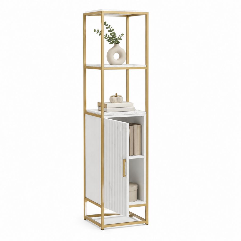 Buffet colonne avec étagères blanc et doré en acier et panneaux MDF 40 x 35 x 180 cm