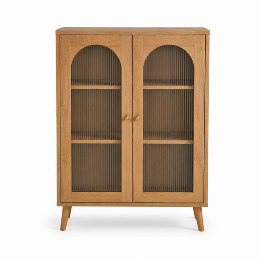 Buffet vitrine 2 portes chêne MDF et verre strié fumé 80 x 40 x 120 cm