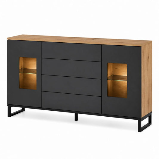 Buffet 2 portes 4 tiroirs noir et chêne en panneaux MDF verre et acier rectangulaire 160 x 40 x 90 cm