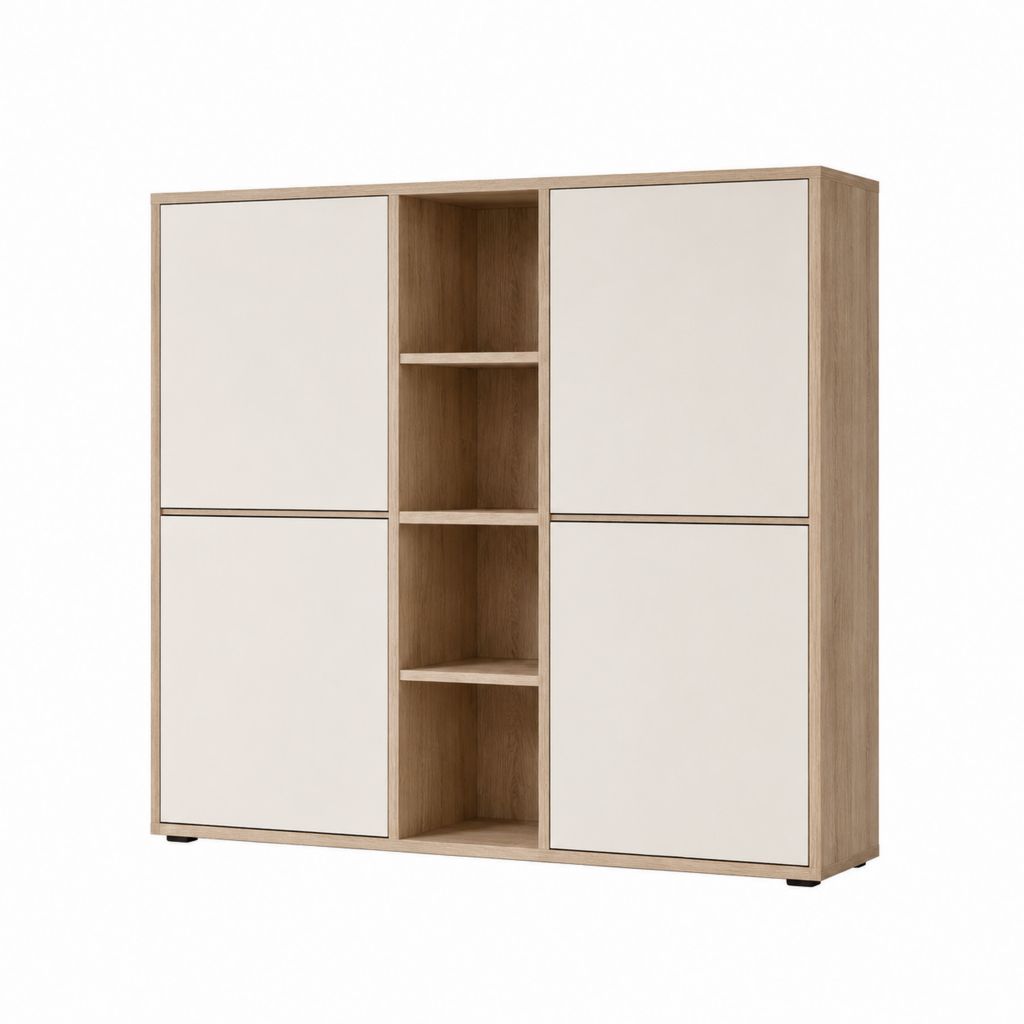 Buffet haut 4 portes 4 niches rectangulaire chêne clair et blanc cassé en panneaux de particules 120 x 40 x 120 cm