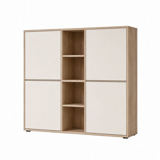 Buffet haut 4 portes 4 niches rectangulaire chêne clair et blanc cassé en panneaux de particules 120 x 40 x 120 cm