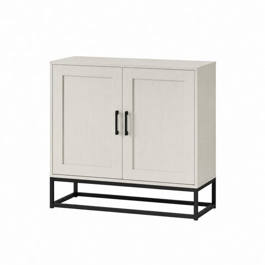 Buffet de rangement 2 portes blanc effet chêne en panneaux de particules et acier 80 x 40 x 90 cm