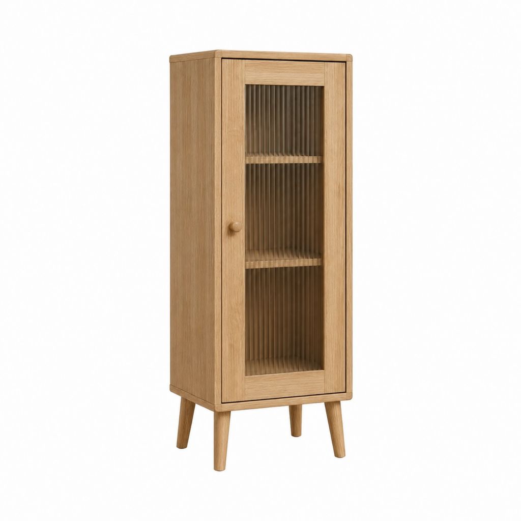 Buffet haut à 1 porte en chêne clair et verre strié 50 x 40 x 160 cm