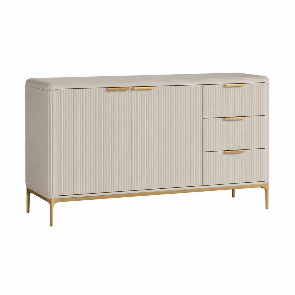 Buffet de salle à manger beige en MDF strié avec 2 portes et 3 tiroirs 160 x 40 x 85 cm