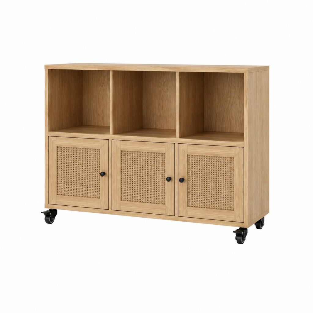 Buffet de rangement à roulettes chêne et rotin rectangulaire 120 x 40 x 100 cm