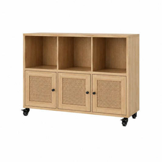 Buffet de rangement à roulettes chêne et rotin rectangulaire 120 x 40 x 100 cm
