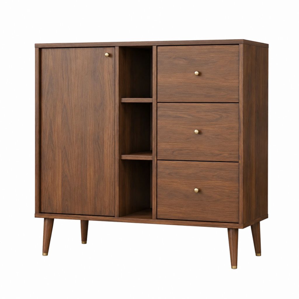 Buffet de salle à manger en MDF plaqué noyer marron avec 3 tiroirs 1 porte et étagères 120 x 40 x 120 cm