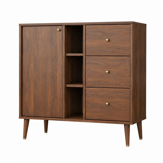 Buffet de salle à manger en MDF plaqué noyer marron avec 3 tiroirs 1 porte et étagères 120 x 40 x 120 cm