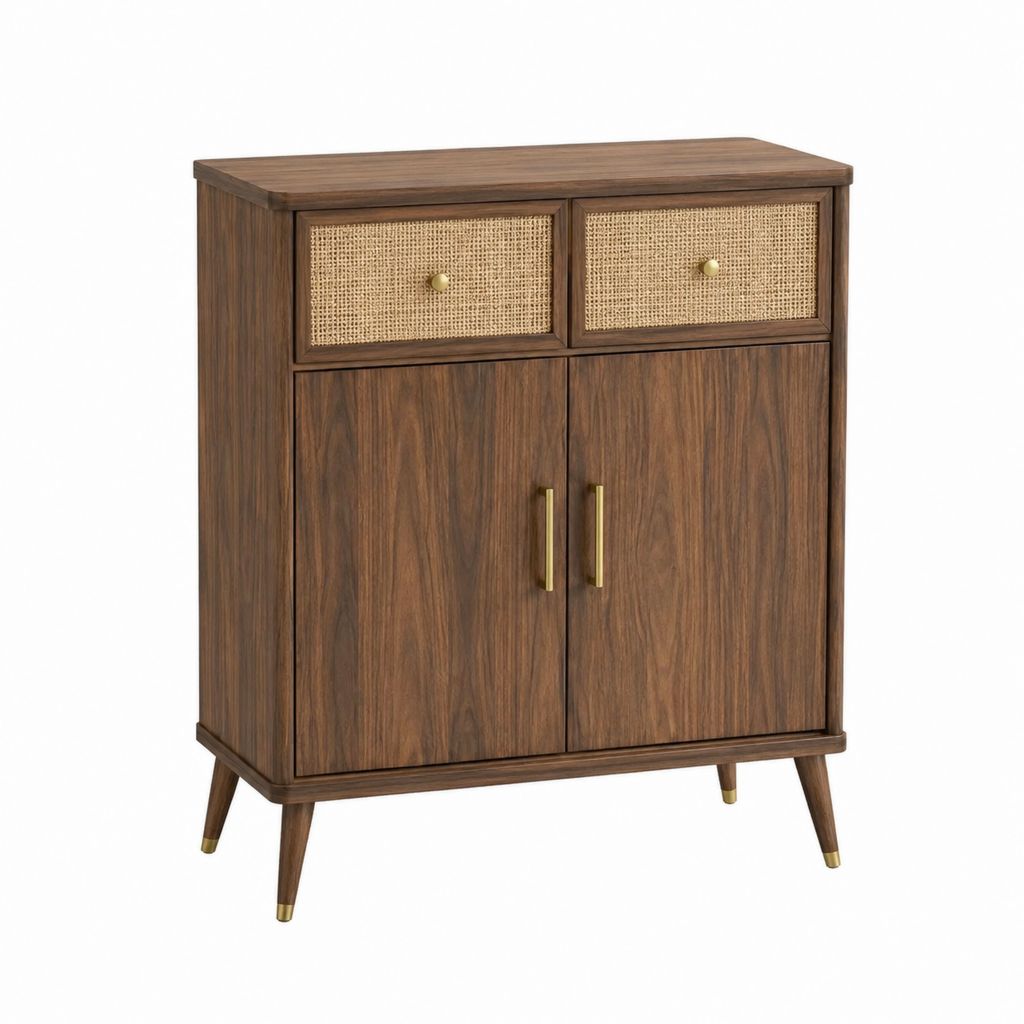 Buffet de rangement rectangulaire brun noyer en MDF et cannage de rotin 80 x 40 x 100 cm